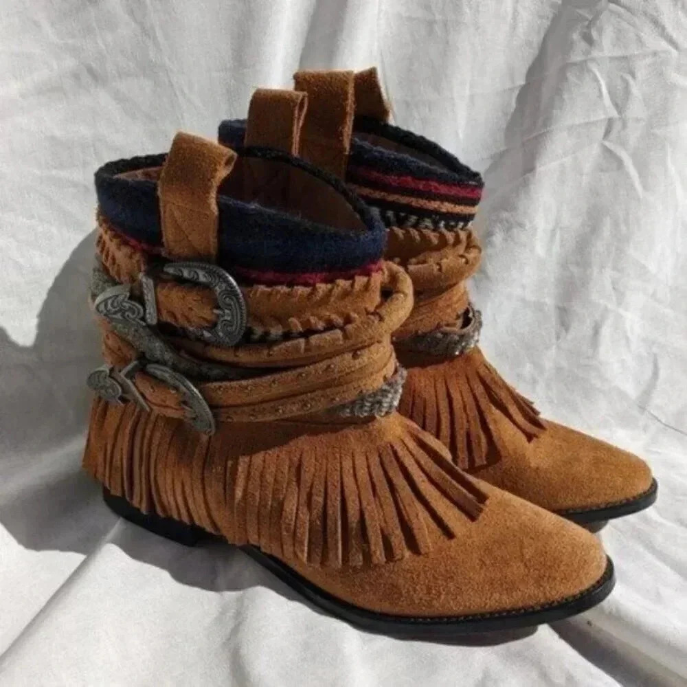 ZARA Trafaluc Buckle Strap Western Cowboy Ankle Booties Size 6 Women